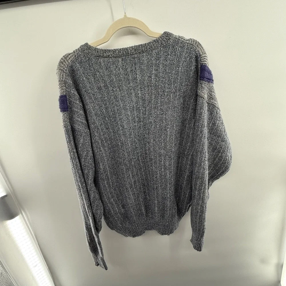 80s Bay Club Sweater Vintage Gray Purple Geometric Cable‎ Knit Size XL